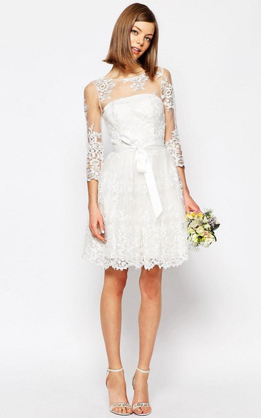 A-Line Scoop-Neck Long-Sleeve Short Lace Wedding Dress With Keyhole