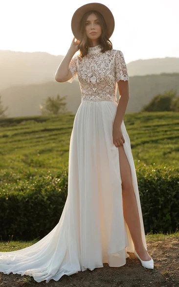 Two-piece casual semi-high-neck short-sleeved wedding dress with lace top