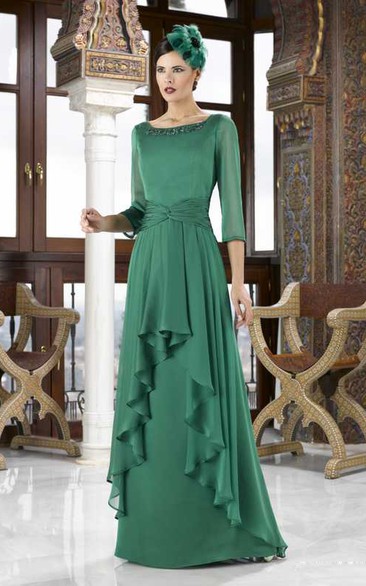3-4 Sleeve Beaded Square Neck Chiffon Mother Of The Bride Dress With Draping
