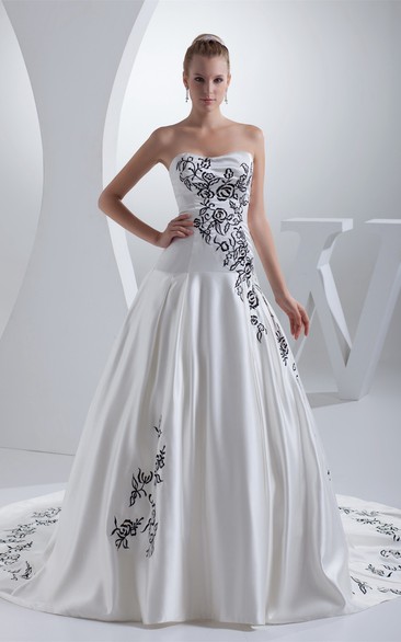 Sleeveless Satin Embroidered Court Train and Ball-Gown With Ruching