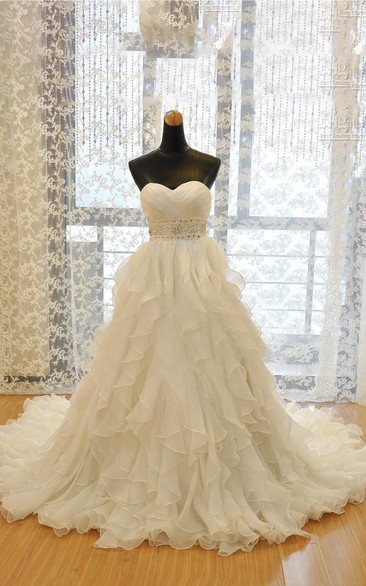 A-Line Ball Gown Mini Sweetheart Sleeveless Bell Beading Court Train Corset Back Lace Organza Dress