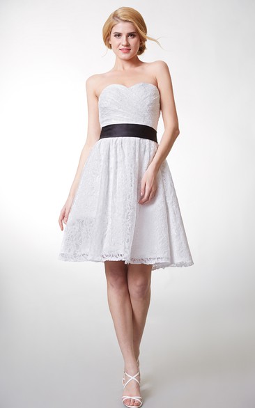 Ethereal Strapless Sweetheart A-line Floral Lace Dress With Black Belt