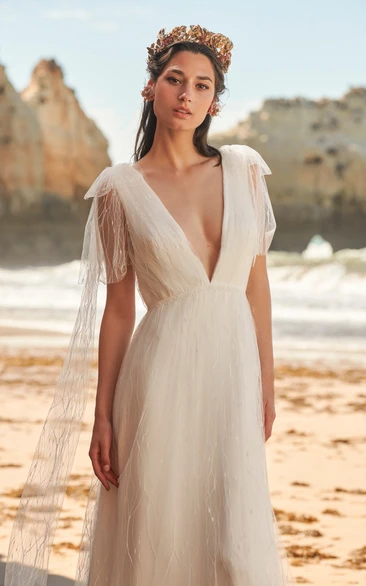 Casual Cap-sleeve Plunged Tulle Wedding Dress with Bows and Straps