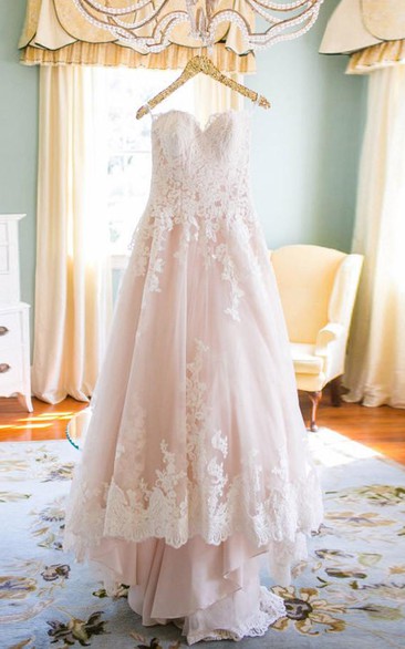 Elegant Sweetheart High Low Blush Wedding Dress with White Lace