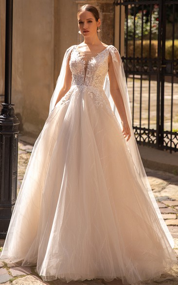 A Line Sexy Tulle Sweep Train Wedding Dress with Appliques and Beading