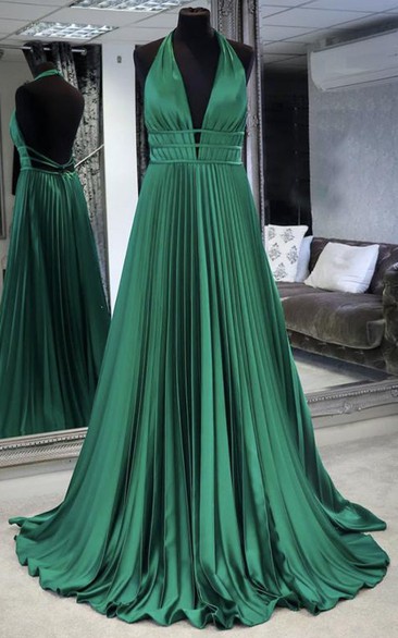 Modern A Line Plunging Neckline Floor-length Sleeveless Satin Prom Dress with Pleats