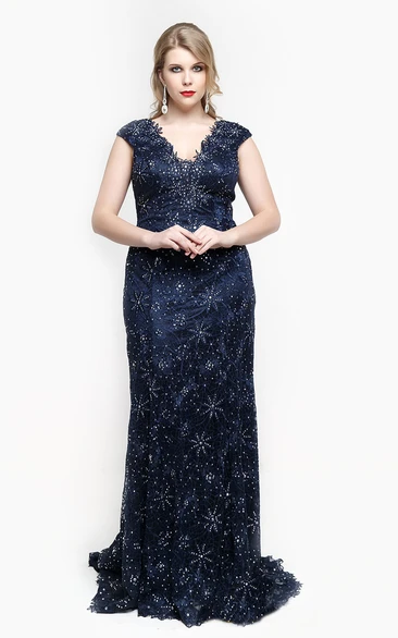 V Neck Cap Sleeve Sheath Lace Long Dress With Beading And Appliques