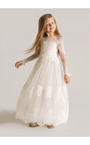 Modern Tulle Lace A-line Flower Girl First Communion Dress Long Sleeve