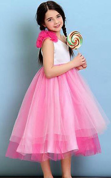 Flower Girl Empire One Shoulder Tulle Ball Gown With Flowers