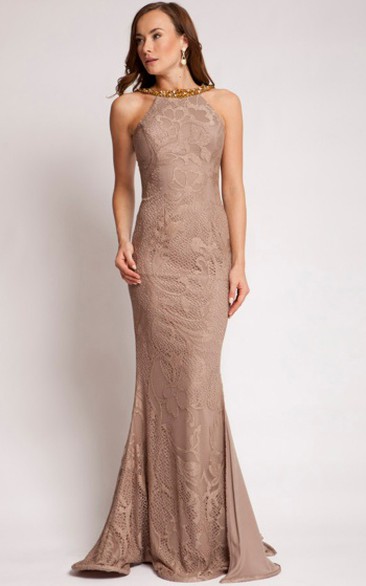 Sheath Sleeveless Long Appliqued Lace Prom Dress With Backless Style And Beading