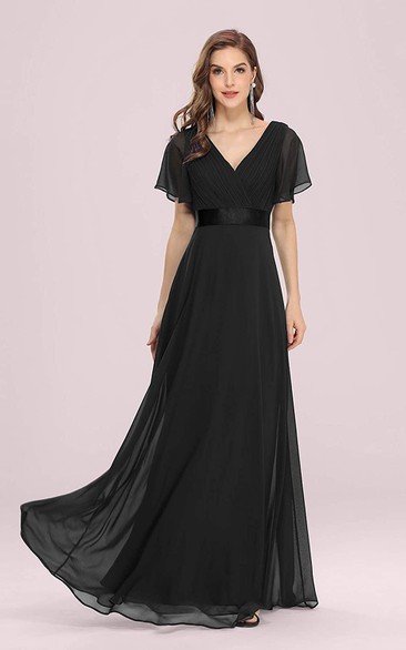 Elegant Chiffon V-neck A Line Short Sleeve Prom Mother Dress With Ruffles