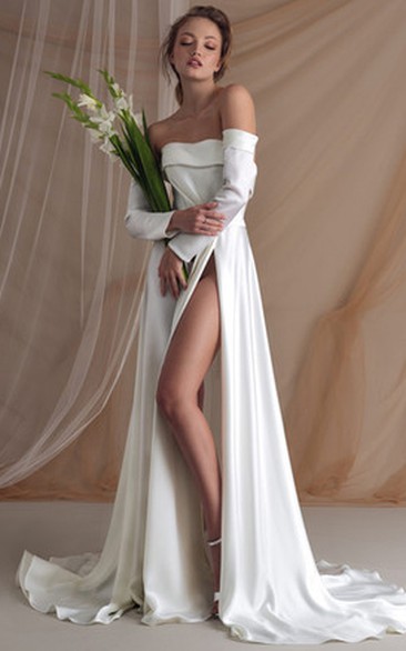 Sexy Satin A Line Floor-length Long Sleeve Wedding Dress with Ruching