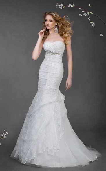 Mermaid Long Sweetheart Sleeveless Lace-Up Lace Dress With Beading And Draping