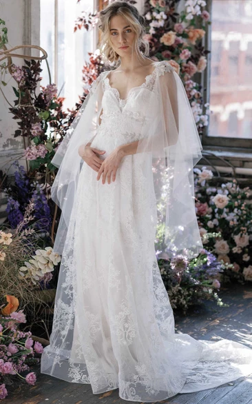 Fairytale Empire Lace Maternity Wedding Dress with Tulle Wrap