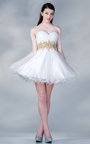 A-Line Mini Sweetheart Sleeveless Satin Dress With Ruffles And Waist Jewellery