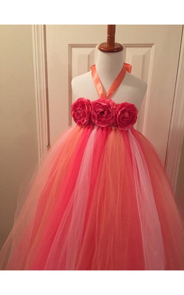 Halter Floral Bodice Empire Tulle Ball Gown With Bow