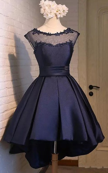 Bateau A-line High-low Short Sleeve Satin Prom Dress with Lace-up Back