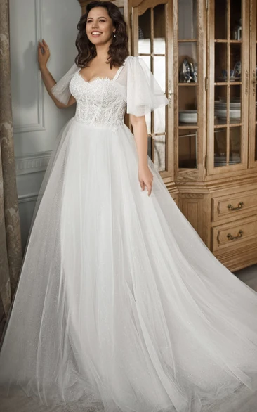 Adroble Plus Size Tulle A-line Short Bell Sleeve Princess Wedding Dress with Beadings