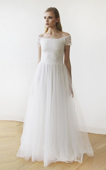 Lace Tulle Off-the-shoulder Floor-length Short Sleeve A-line Wedding Dress