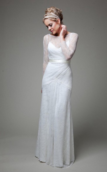 Bateau Illusion Sleeve Sheath Lace Modest Wedding Dress With Sash And Low-V Back
