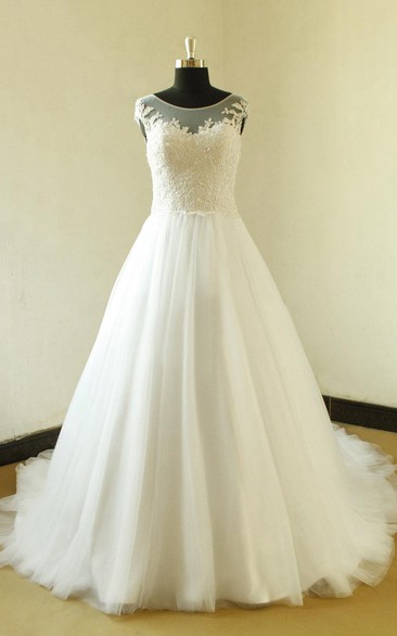 Cap Sleeve A-Line Tulle Dress With Lace Bodice and Illusion Back