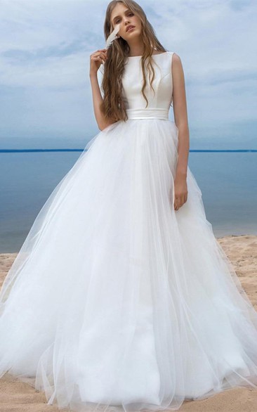 Satin Tulle Sweep Train Ball Gown Sleeveless Adorable Wedding Dress with Bow