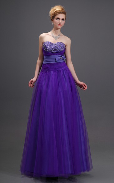 Sweetheart A-Line Beaded Dress With Bow and Belted Waist