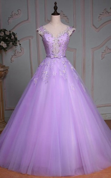 Ball Gown Floor-Length V-Neck Bell Cap Beading Flower Corset Back Tulle Lace Sequins Dress