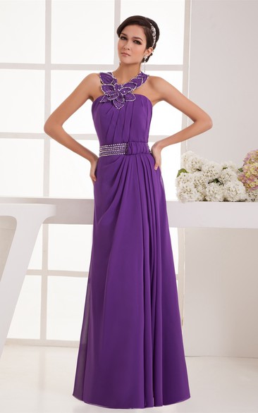 Chiffon Floor-Length Pleated Floral Embellishment and Dress With Beading