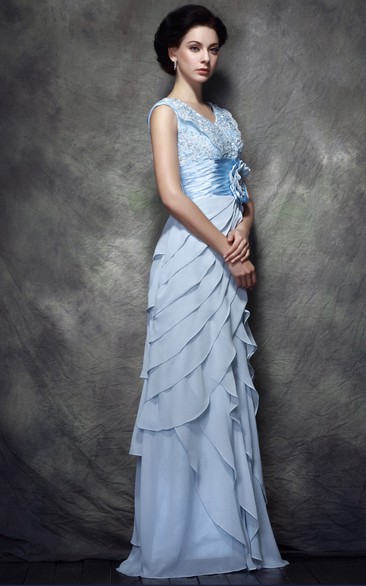 Caped-Sleeve Appliqued Floor-Length Dress With Flower and Beading