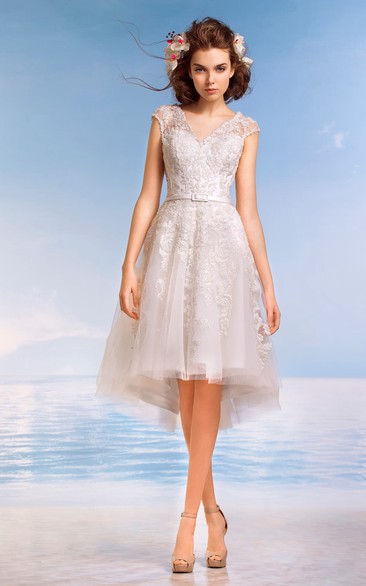 A-Line Knee-Length V-Neck Cap-Sleeve Illusion Lace Dress With Appliques And Pleats