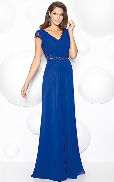 Sheath Floor-Length Cap-Sleeve V-Neck Lace Chiffon Prom Dress With Waist Jewellery And Ruching