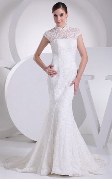 Lace Pleated Mermaid Sweep Train and Dress With Illusion Neckline
