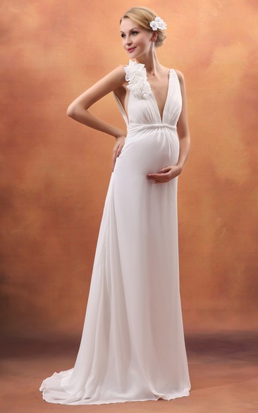 Backless Deep V-Neck Empire Maternity Dress With Flower