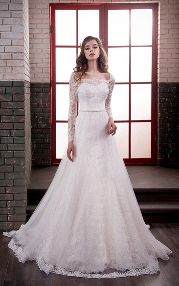 A-Line Long Bateau Long-Sleeve Lace-Up Lace Tulle Dress With Appliques And Waist Jewellery