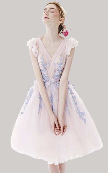 Floral Appliqued Ethereal Tulle Knee Length Dress With Criss Cross And Cap Sleeves