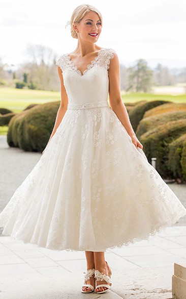 A-Line Tea-Length Appliqued Scalloped Cap Sleeve Lace Wedding Dress