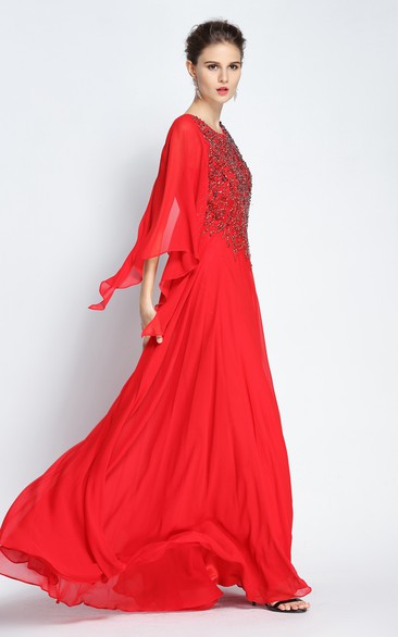 A-Line Floor-length Jewel Chiffon Long Sleeve Prom Dress with Beading and Pleats