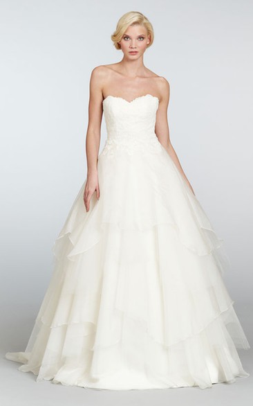 Classic Strapless Tiered Organza Ball Gown With Lace Bodice