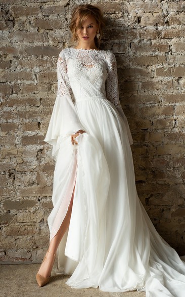 Vintage Bateau-neck Bell Long Sleeve Chiffon Modest Wedding Dress with Deep-v Back and Lace Top