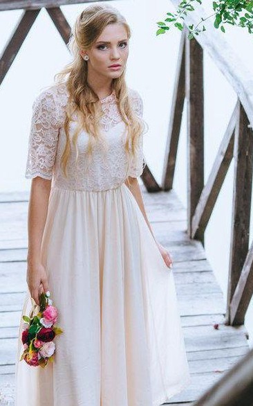 Half Sleeve Lace and Chiffon A-Line Dress With Jewel Neckline