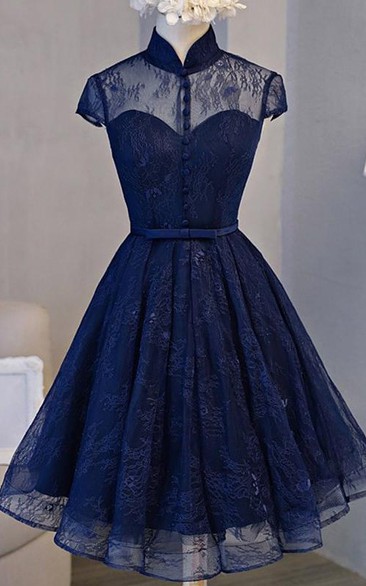 Lace Knee-length A Line Short Sleeve Modest Formal Dress with Ribbon