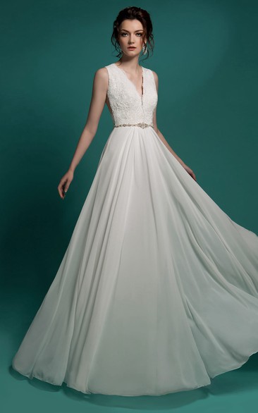 A-Line Floor-Length V-Neck Sleeveless Illusion Chiffon Dress With Beading And Lace Appliques