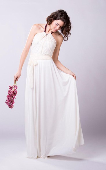 Halter Pleated A-Line Chiffon Gown With Lace Bodice