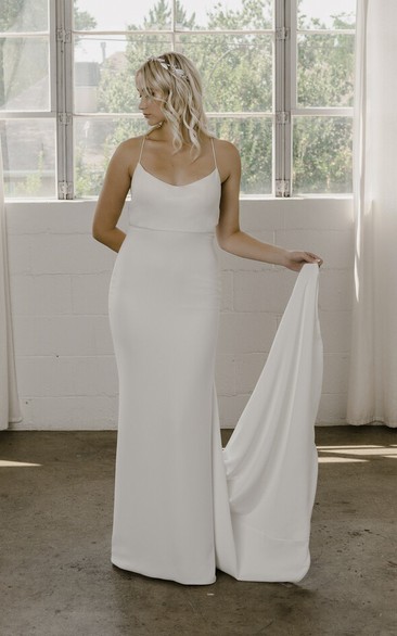 Spaghetti Straps With Open Back And Straps Simple Sheath Wedding Dress In Court Train