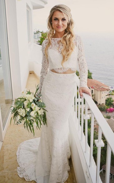 Simple Bateau Lace Two Piece Floor-length Long Sleeve Wedding Dress
