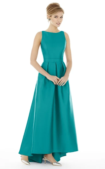 High-Low Sleeveless Jewel Satin Dress with Strap-Back