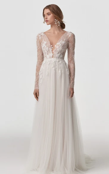 Ethereal V-neck Lace Tulle A Line Long Sleeve Floor-length Sweep Train Boho Wedding Dress with Appliques