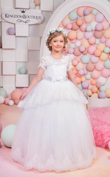 Flower Girl Jewel Neck Layered Tulle Ball Gown With Lace Top