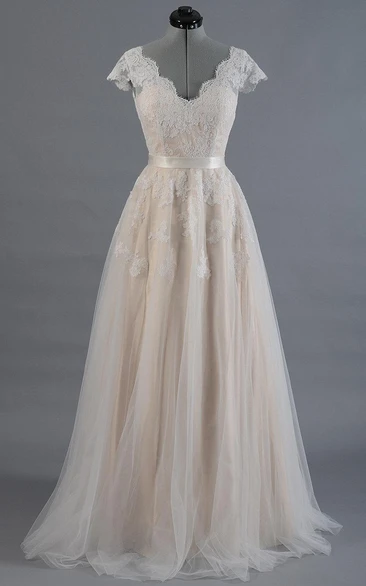 Cap Sleeve V-Neck A-Line Tulle Dress With Lace Bodice and Satin Sash